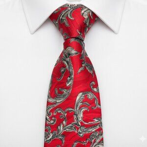 Bachrach Silk Tie Red Gray Floral Paisley Scroll Made In Italy